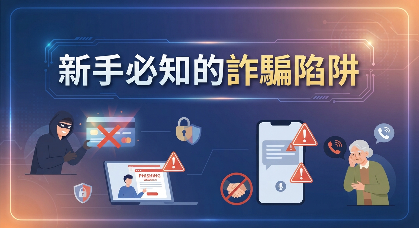 圖片上方顯示了標題「新手必知的詐騙陷阱」。 下方則以圖示呈現了網路釣魚、詐騙電話與防範詐騙的相關元素。